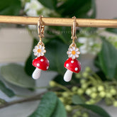 red mushroom and flower huggie drop earrings - cute magical mushroom fun unique dangle earrings